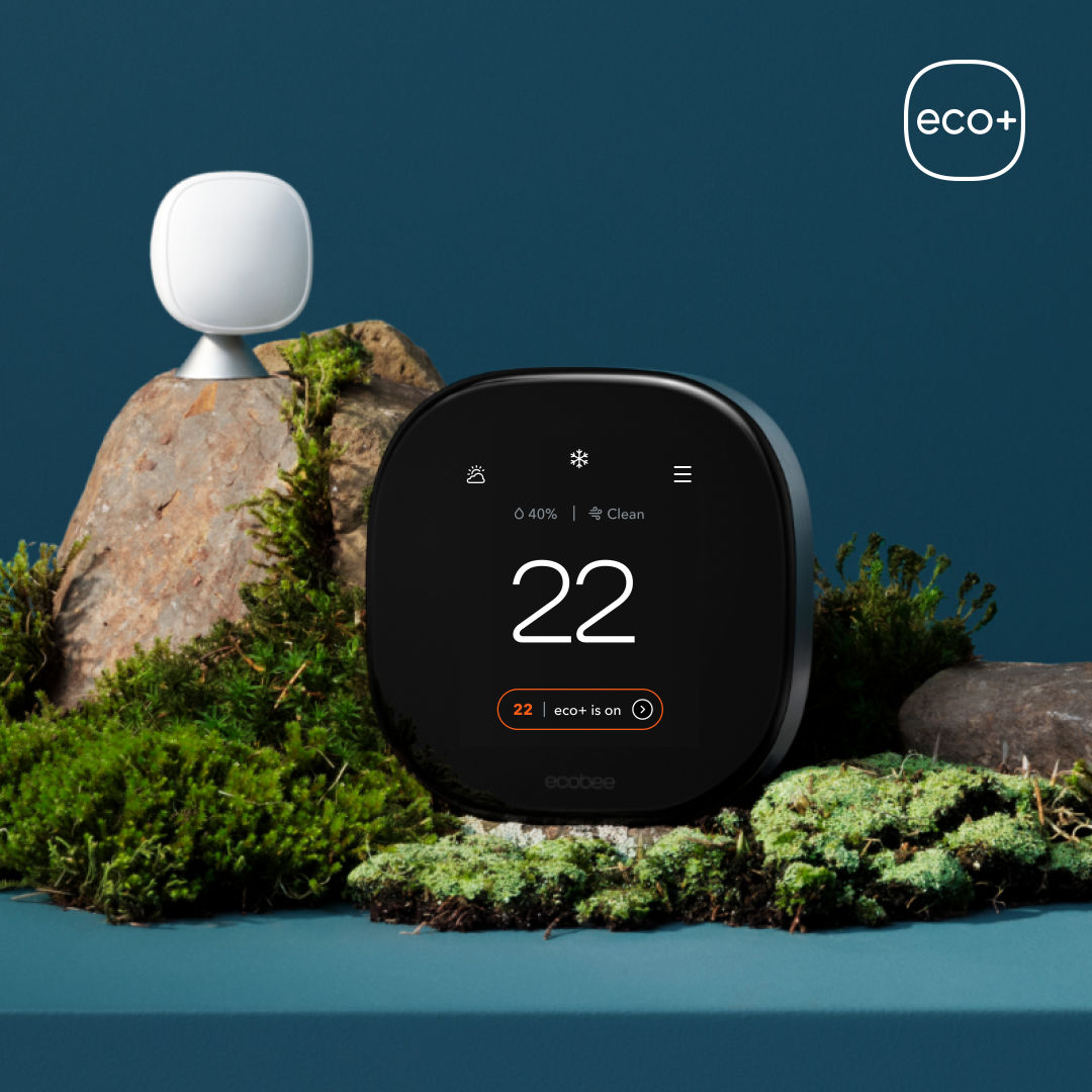 ecobee Smart Thermostat Premium and sensor on a blue background with eco+ logo