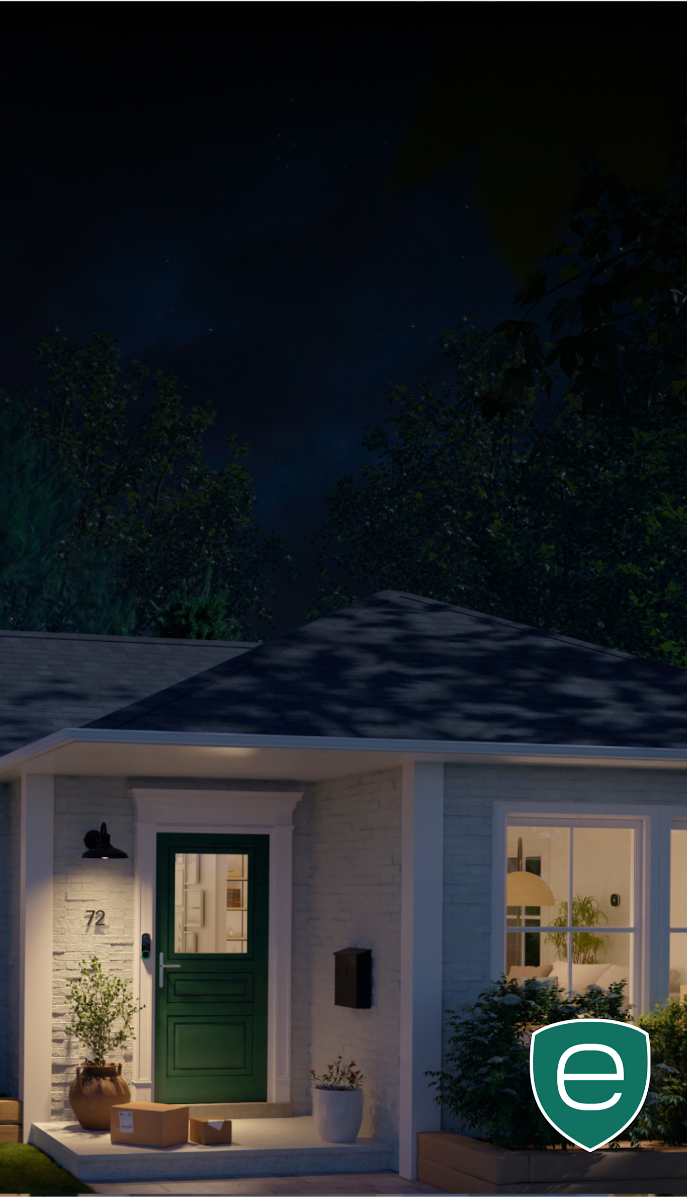 front of house at night with packages on front step. ecobee smart security badge in corner
