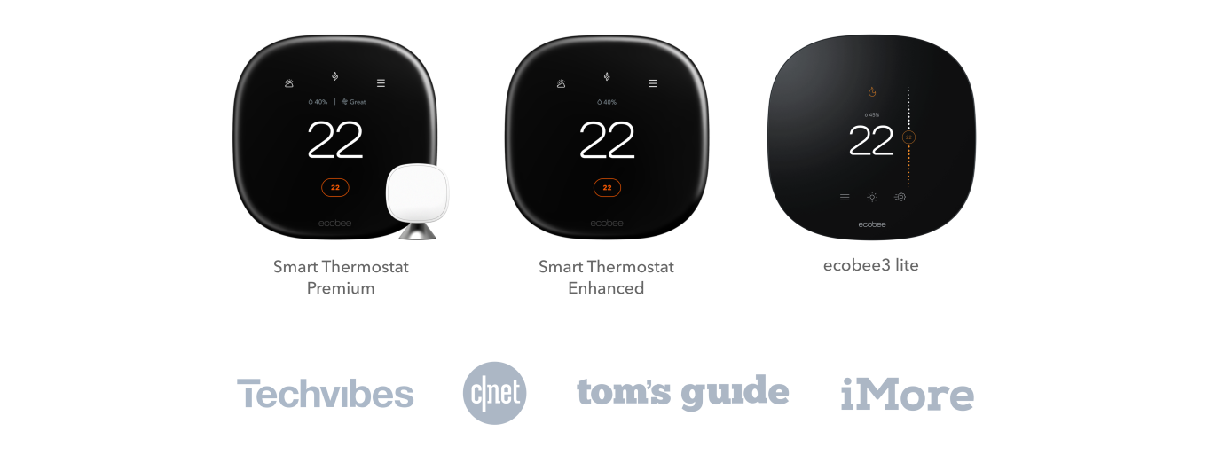 The ecobee SmartThermostat with Voice Control, ecobee3 lite, and ecobee EMS Si with the logos for Techvibes, CNet, Tom's Guide, and iMore underneath.