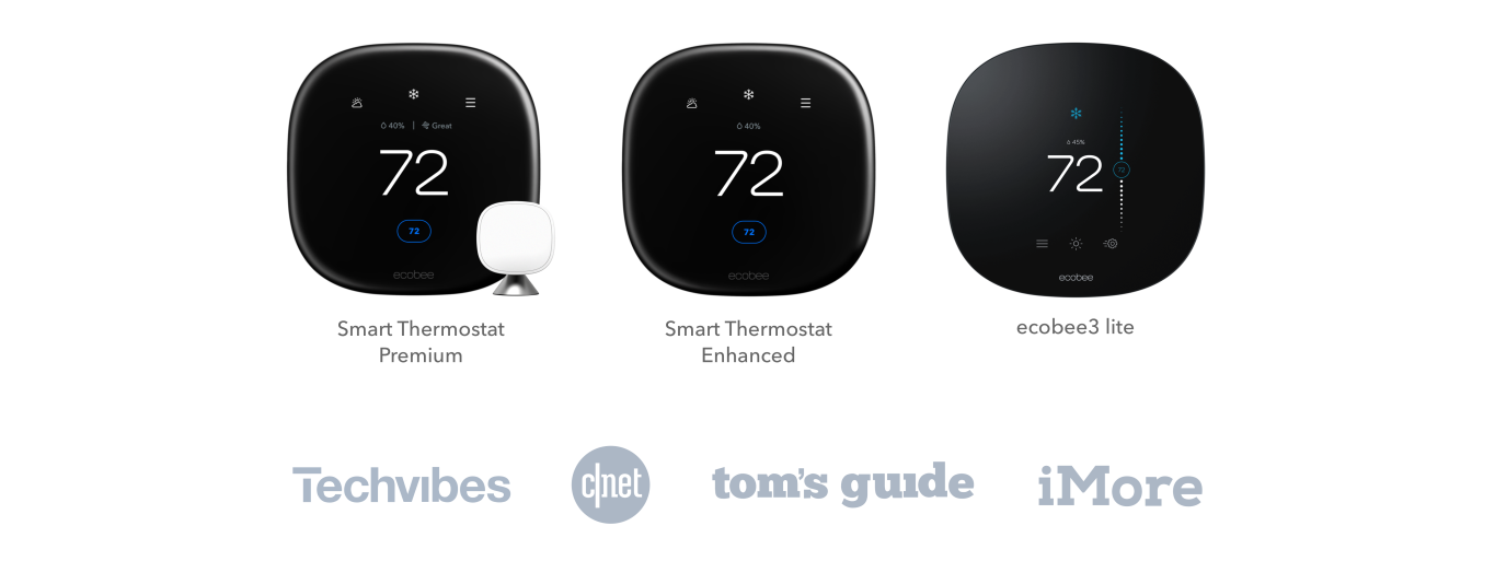 The ecobee SmartThermostat with Voice Control, ecobee3 lite, and ecobee EMS Si with the logos for Techvibes, CNet, Tom's Guide, and iMore underneath.