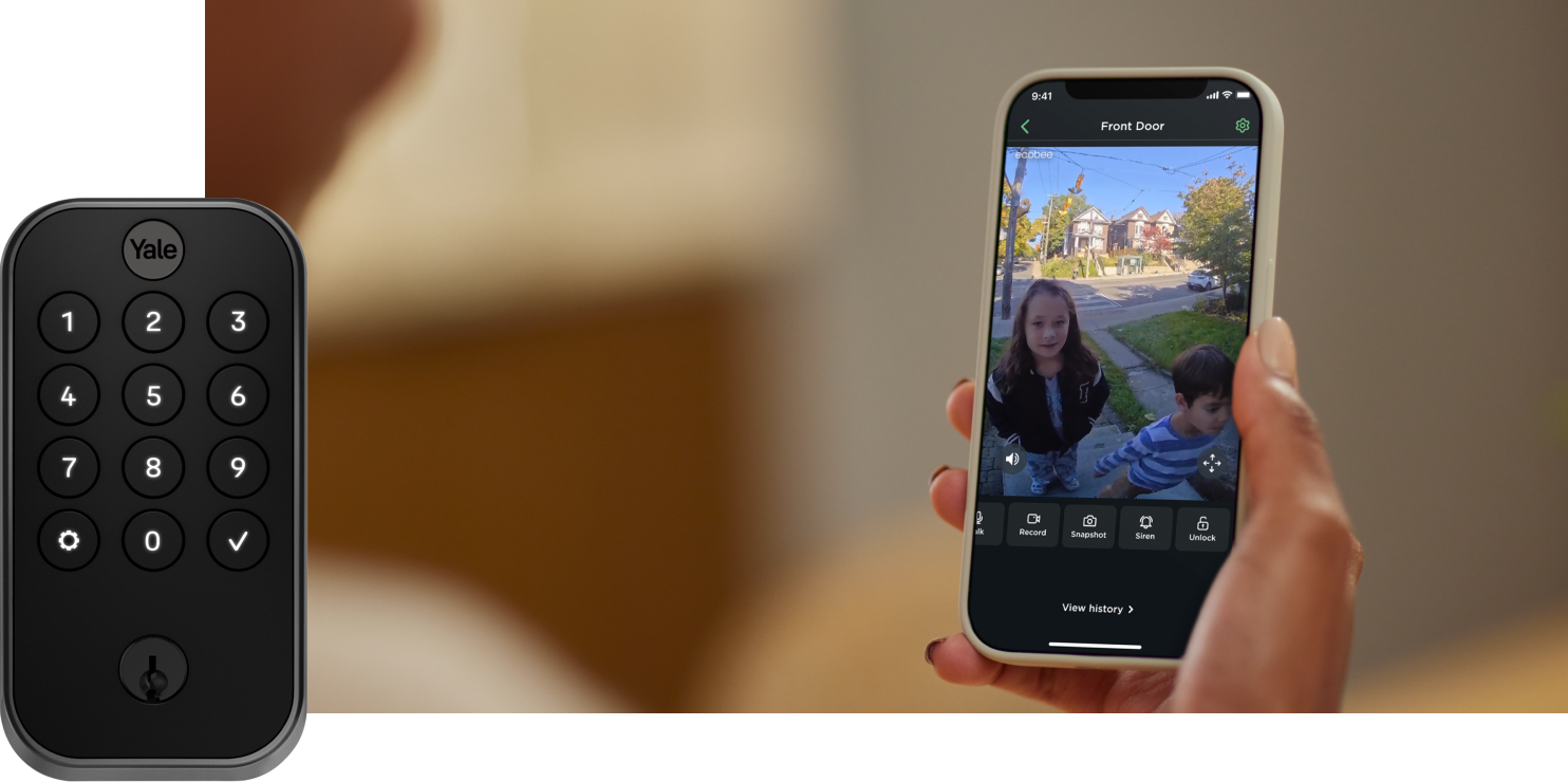 hand holding a phone, which shows kids at a front door. Yale and August keypad and lock are shown as well.