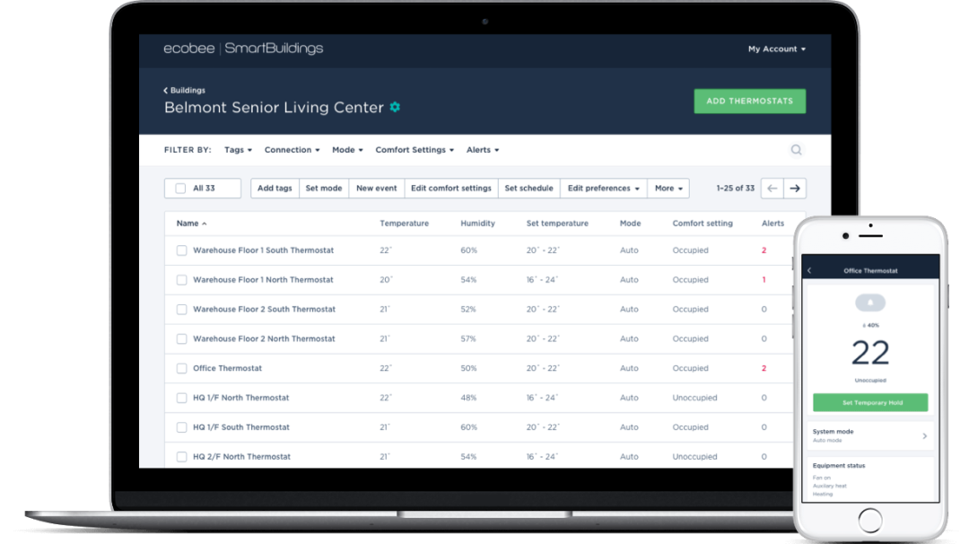 A laptop and phone screen showing the SmartBuildings dashboard.
