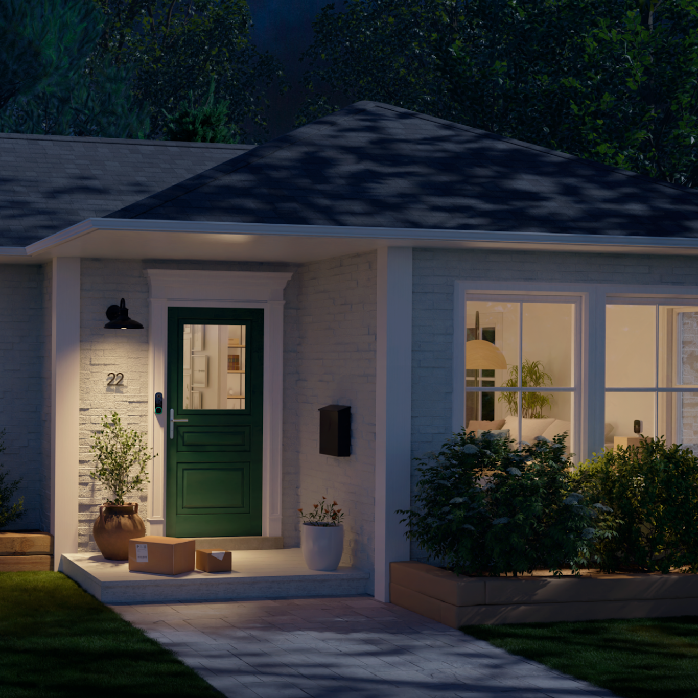 the front step of a house at night with the ecobee smart security badge