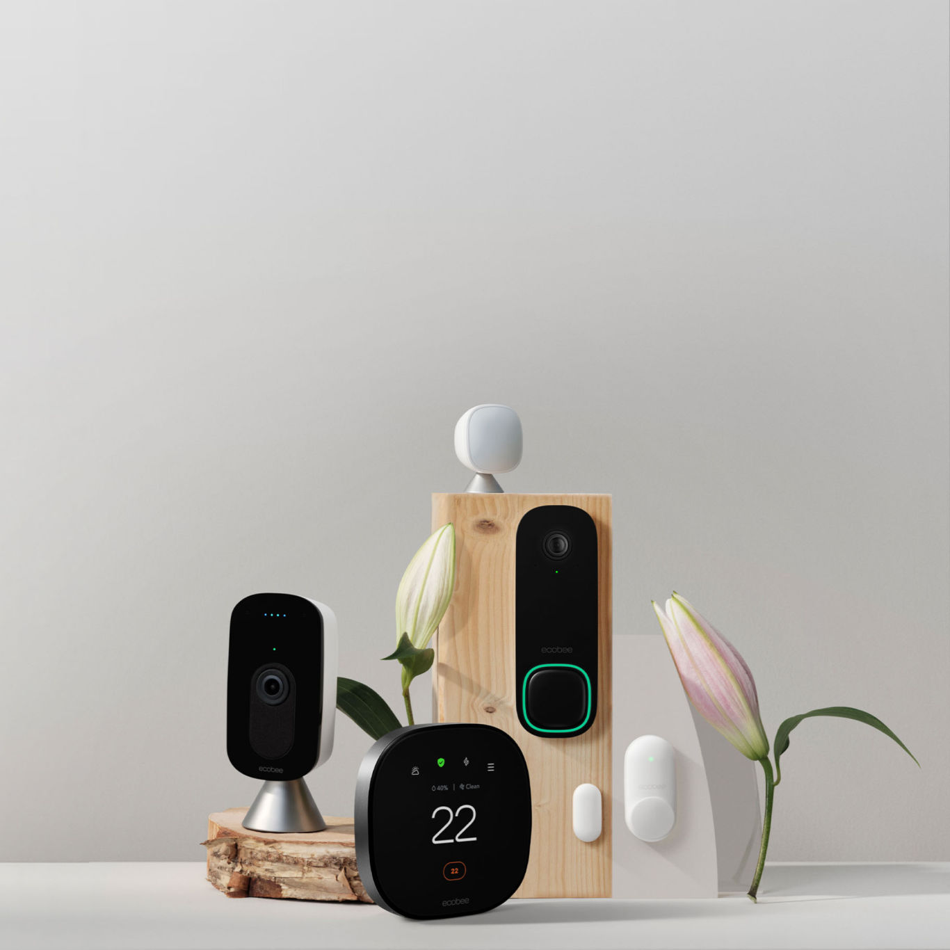 ecobee products on a grey background with wood and flowers