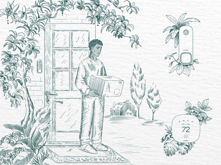 White and green wallpaper type pattern depicting various people and ecobee products amid foliage.