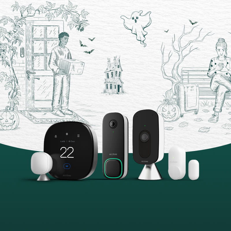 ecobee products on a blue background with Halloween illustrations