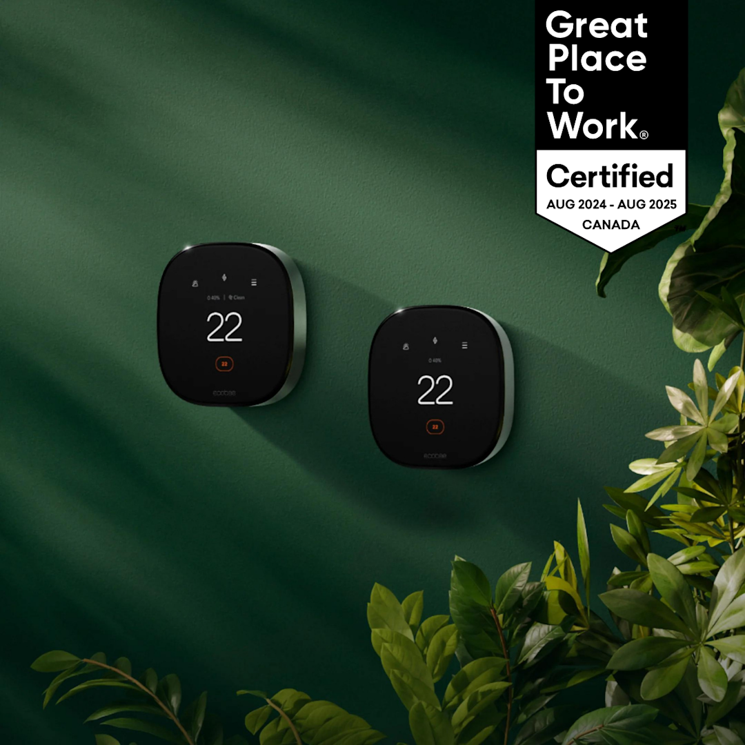Two ecobee thermostats sit on a green wall beside a plant. A black banner reads “Great place to work Certified. August 2023-August 2024 Canada.”