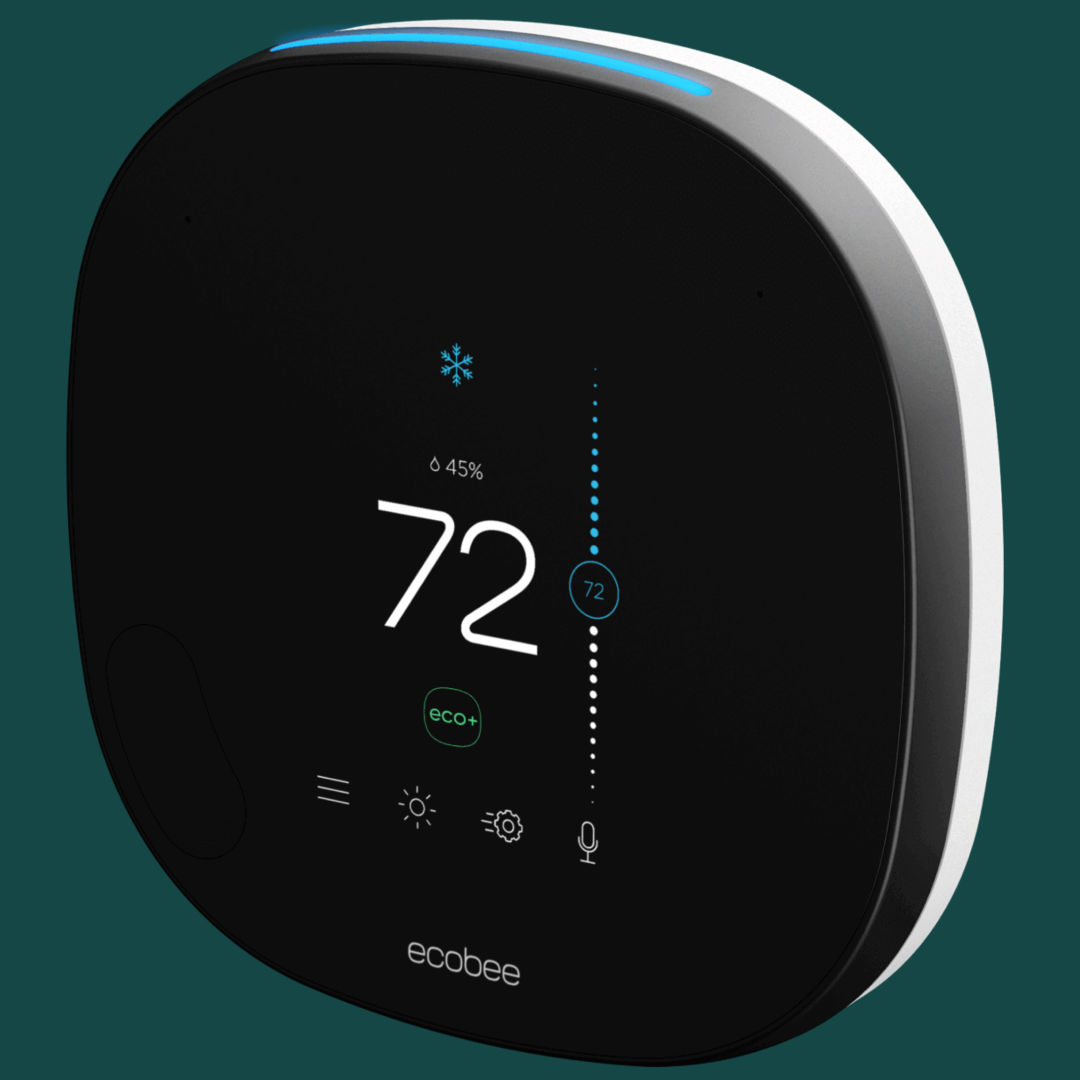 An ecobee thermostat on a green background.