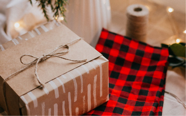 Holiday gift wrapped with natural materials.