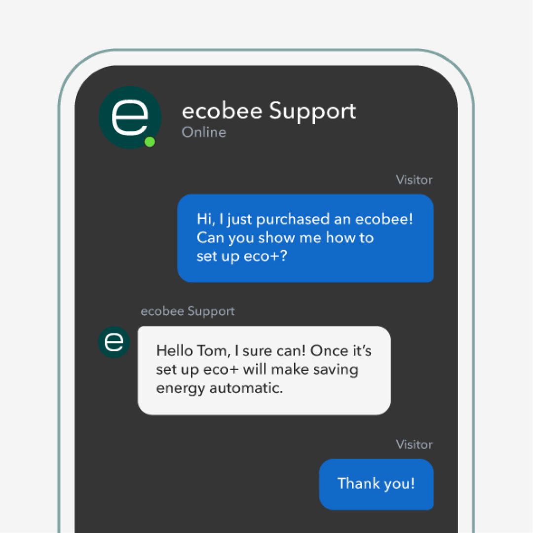 A phone screen shows a chat session with ecobee Support 