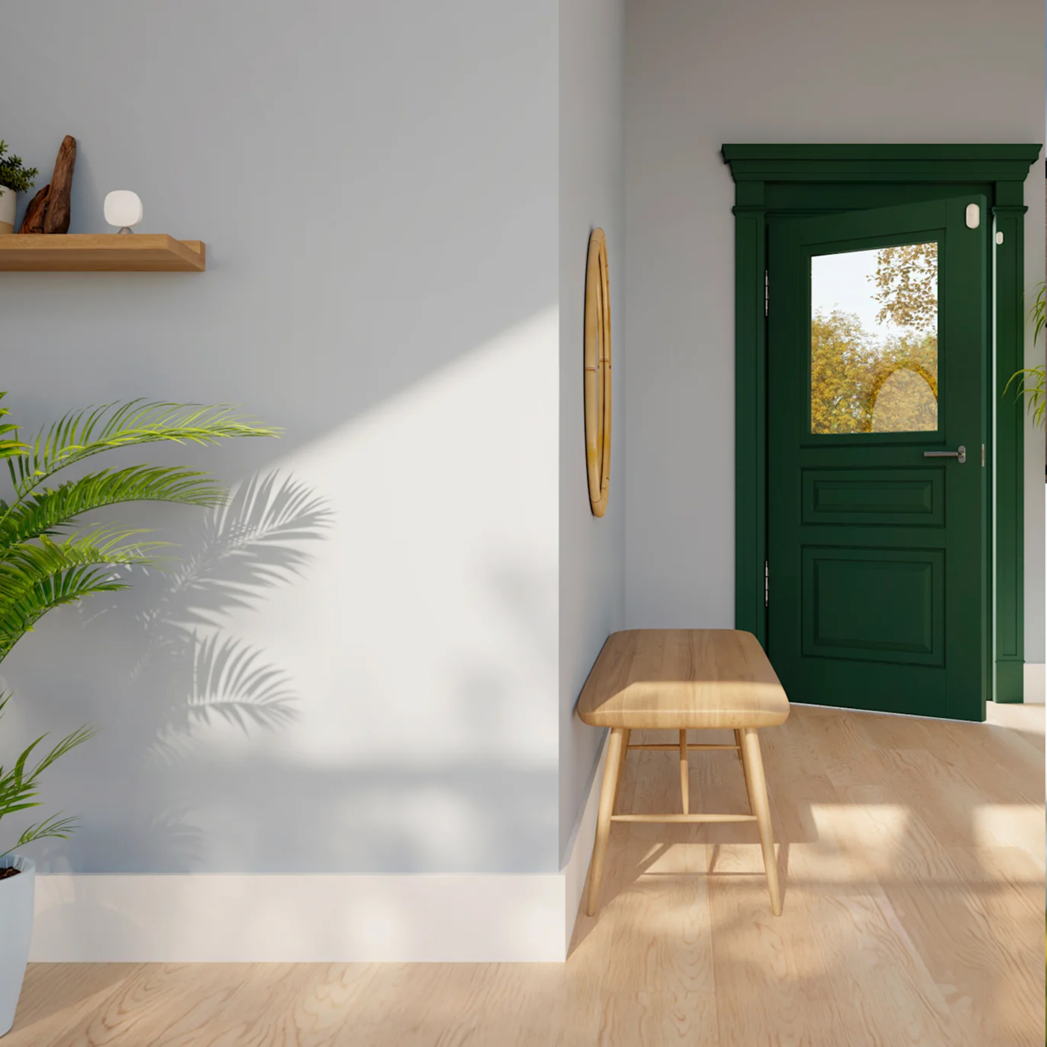 Une main tient un téléphone intelligent avec l’application ecobee à l’écran; une notification de l’application ecobee indique « Une porte ou une fenêtre est ouverte »