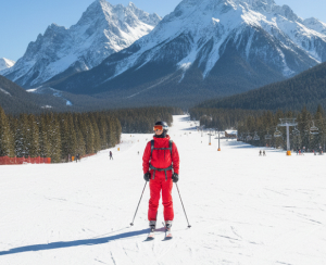 A skier skiing down a beautiful mountain.