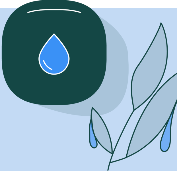 illustration of an ecobee thermostat showing a water droplet, there is a plant with water dripping off