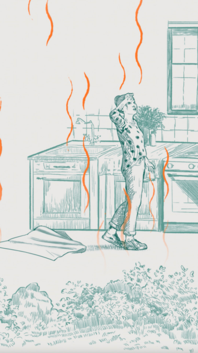 A woman walking through her kitchen and sweating because it is too hot.