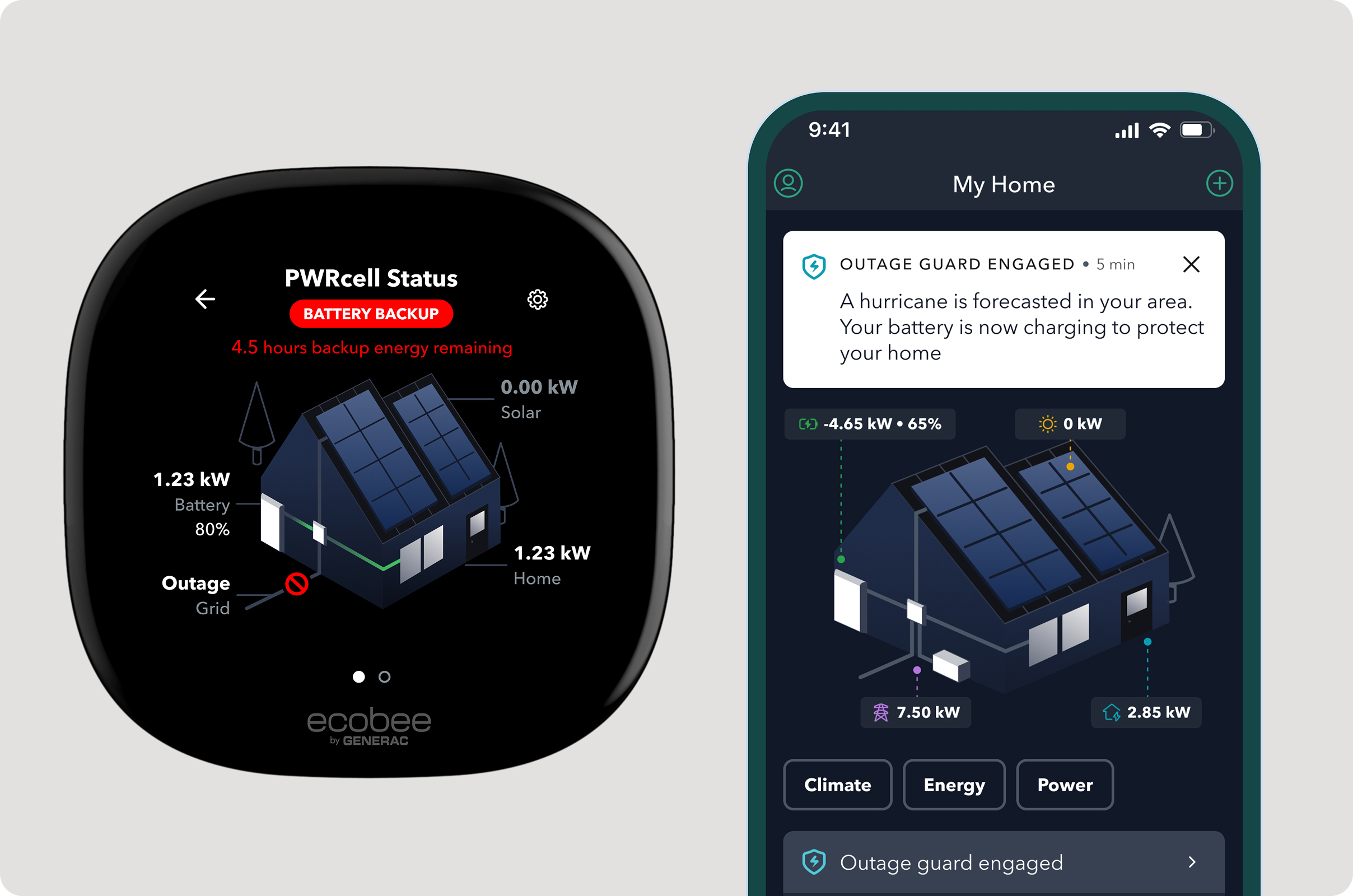 Écran du thermostat Ecobee affichant l’état de sauvegarde de la PwrCell