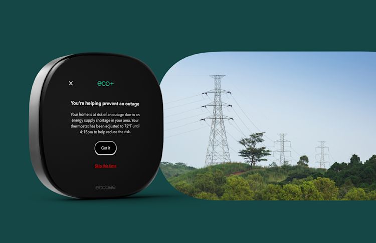 ecobee smart thermostat screen showing grid resiliency event taking place, with the option to opt-out.