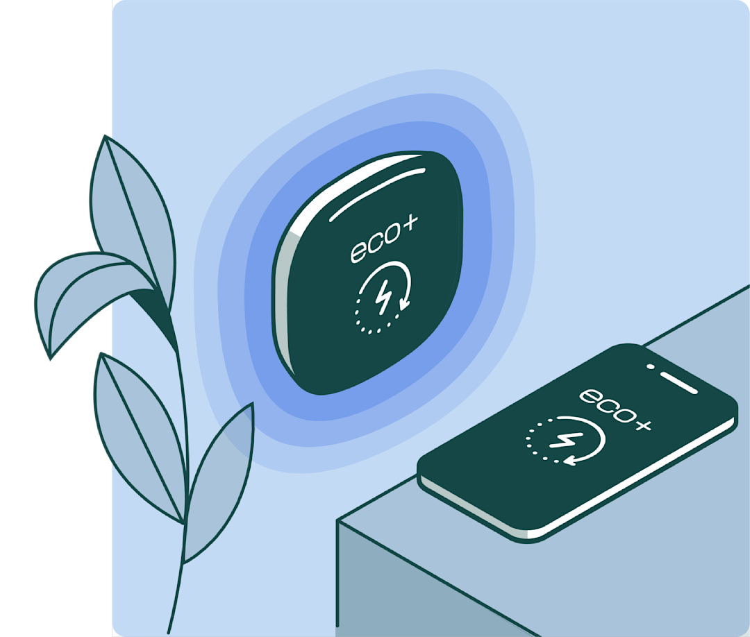 an illustration of an ecobee thermostat on a wall next to a phone showing the ecobee app