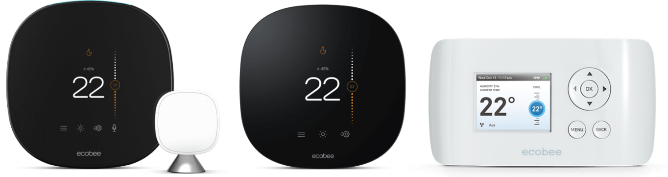3 ecobee thermostats: The SmartThermostat with voice control, the ecobee3 lite, and the EMS Si.