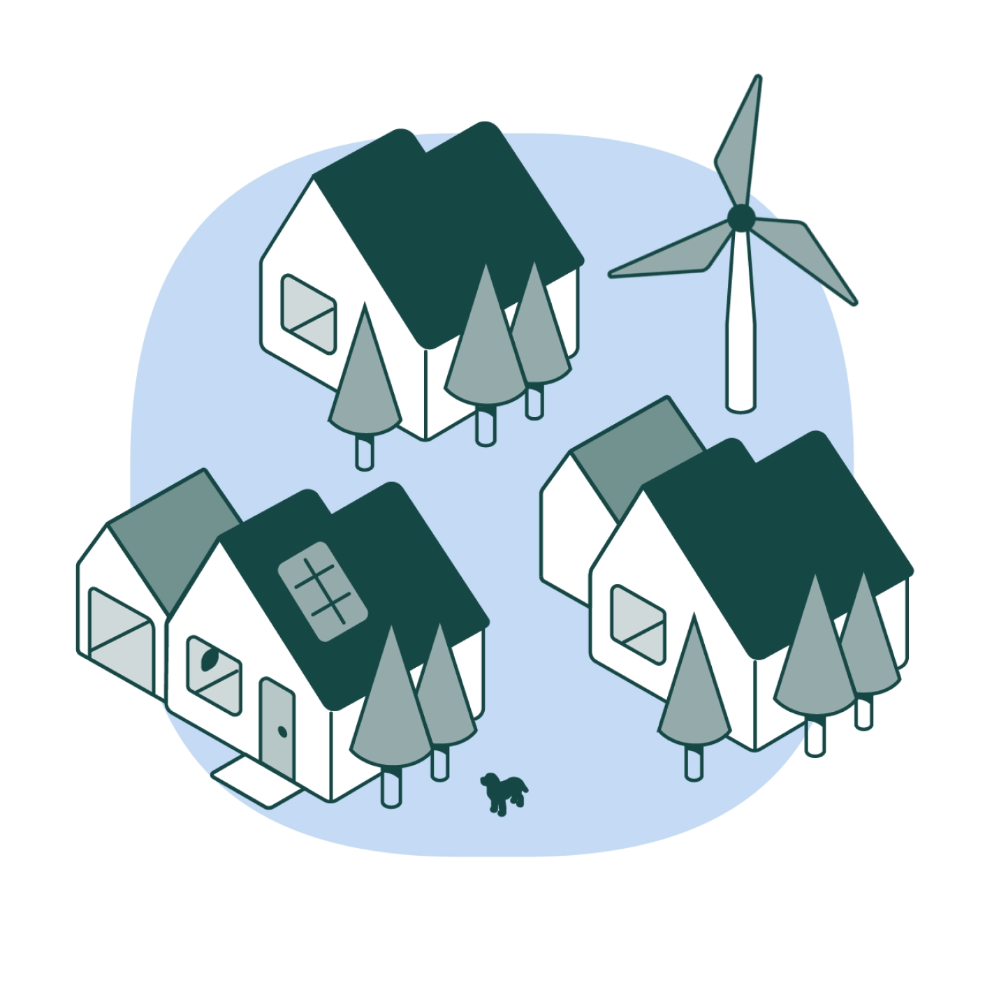 an illustration of houses with solar panels and a wind turbine