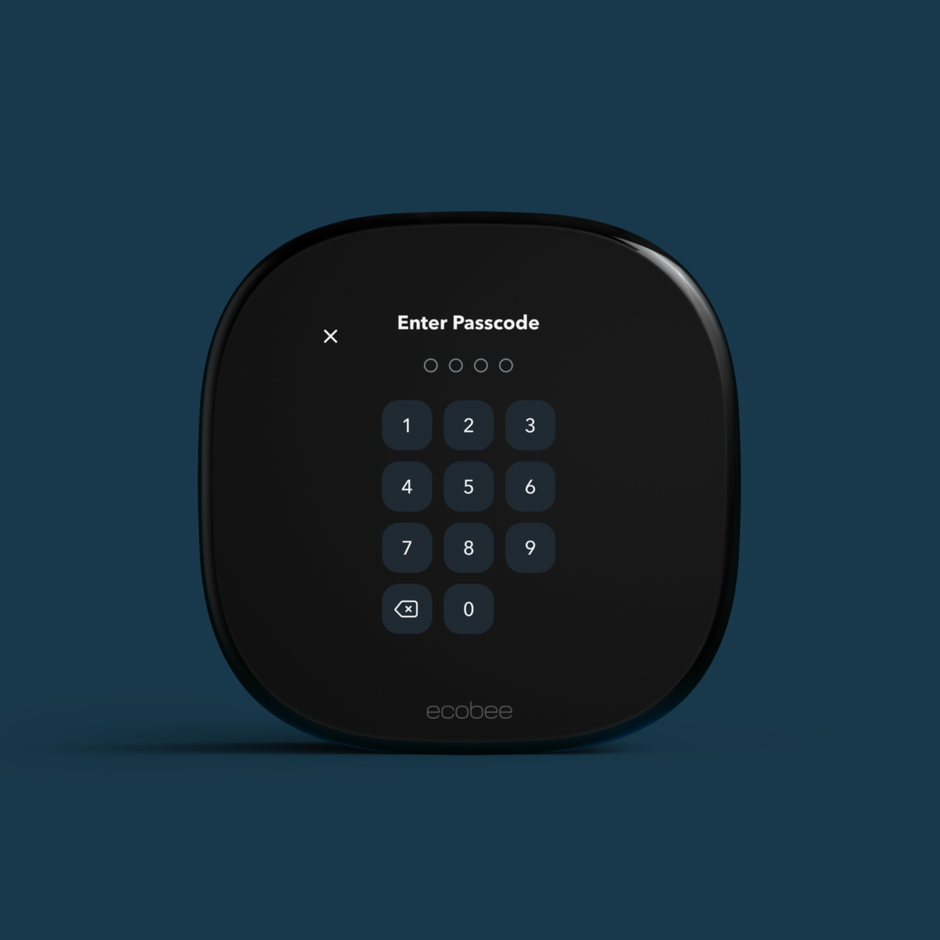 ecobee smart thermostat premium on a blue background while displaying a number pad on its screen.