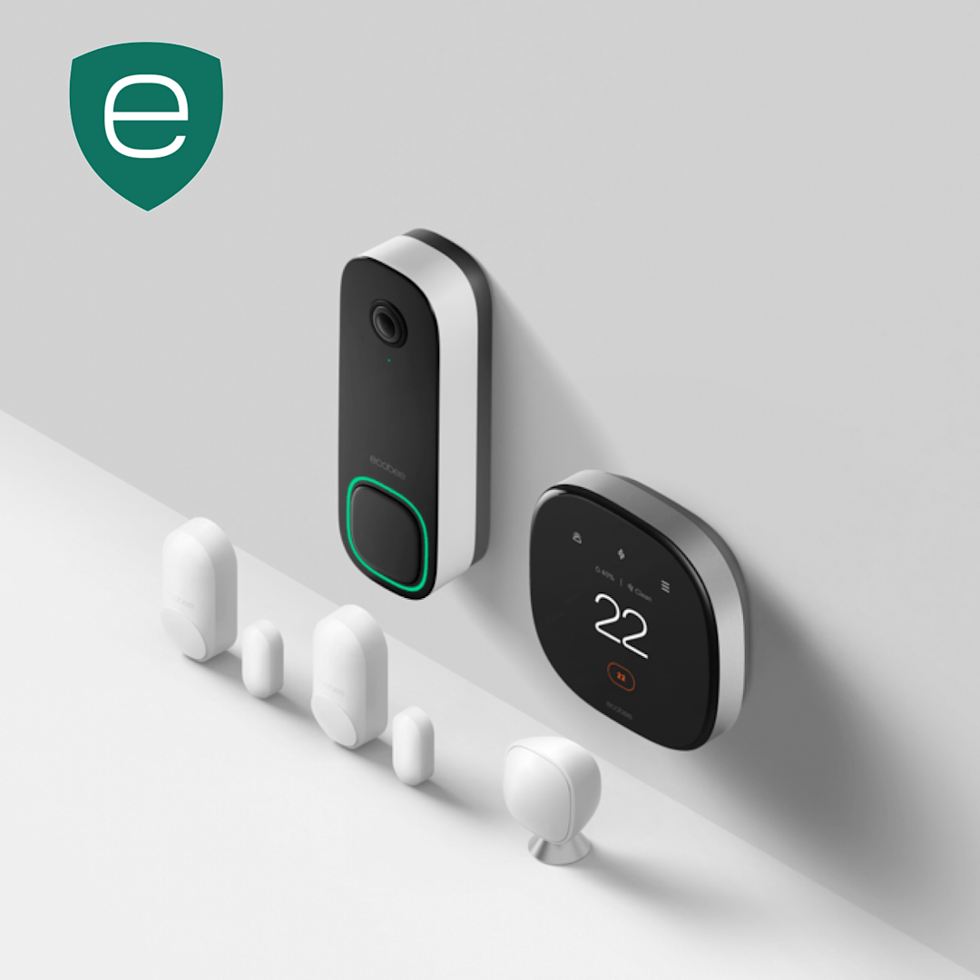 An angled shot of Smart Thermostat Premium, Smart Doorbell Camera, one SmartSensor and two SmartSensors for doors and windows.