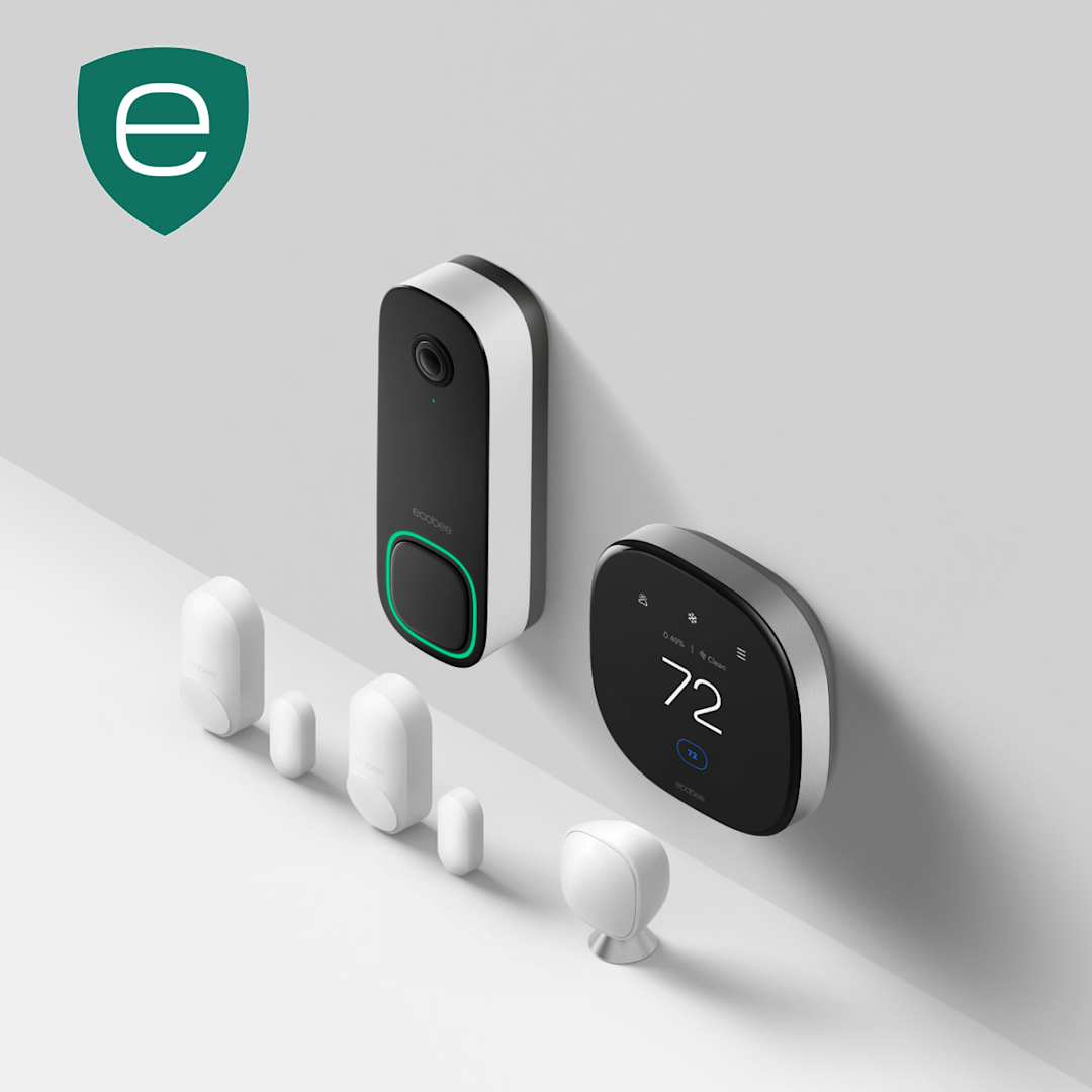 An angled shot of Smart Thermostat Premium, Smart Doorbell Camera, one SmartSensor and two SmartSensors for doors and windows.