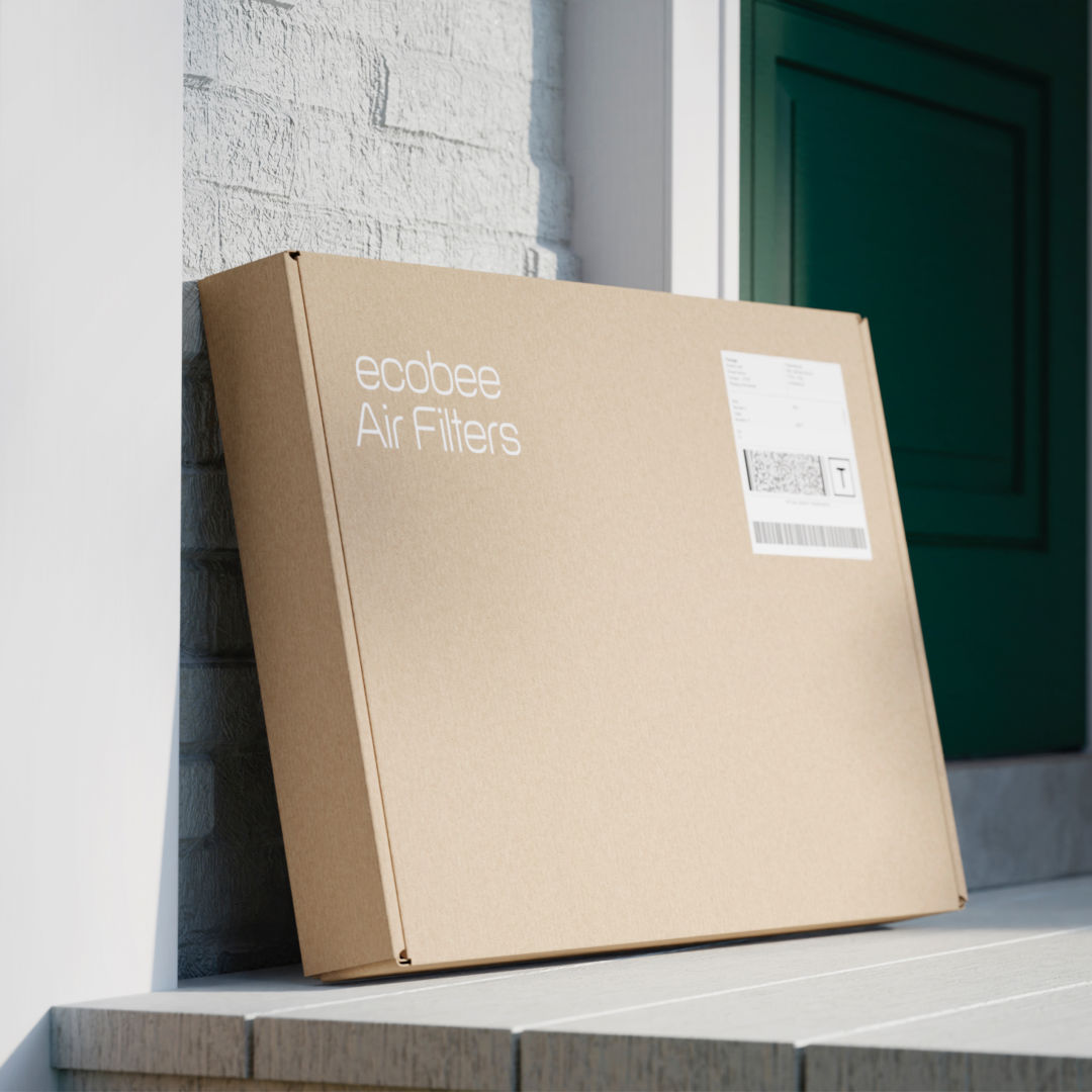 A box of ecobee branded air filters leaning against the door of a house
