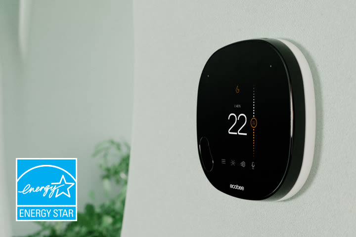 An ecobee thermostat on a wall with the Energy Star logo 