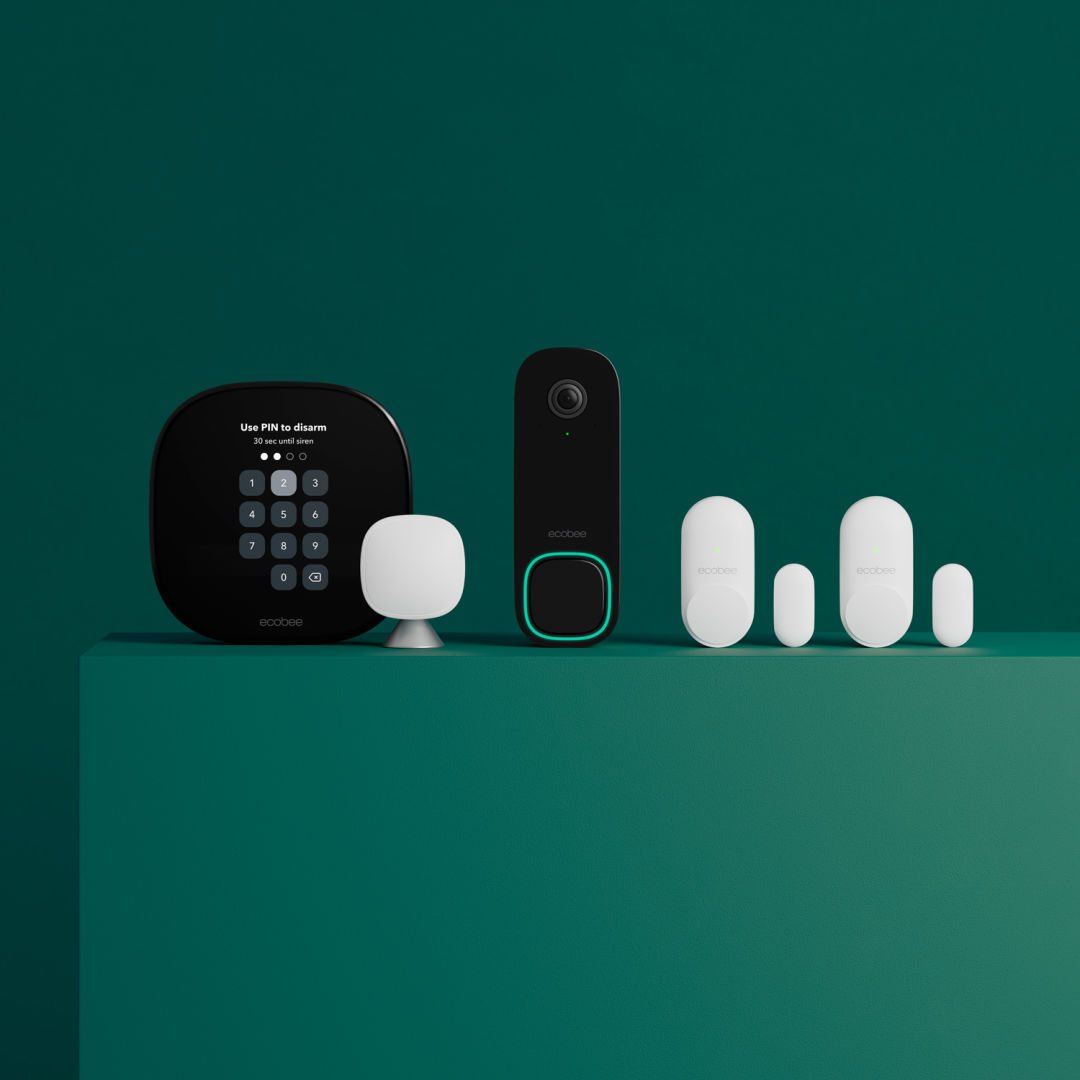 Smart Smart Thermostat Premium, Smart Doorbell Camera (wired), and a pair of Smart Sensors for doors and windows displayed on a green background.