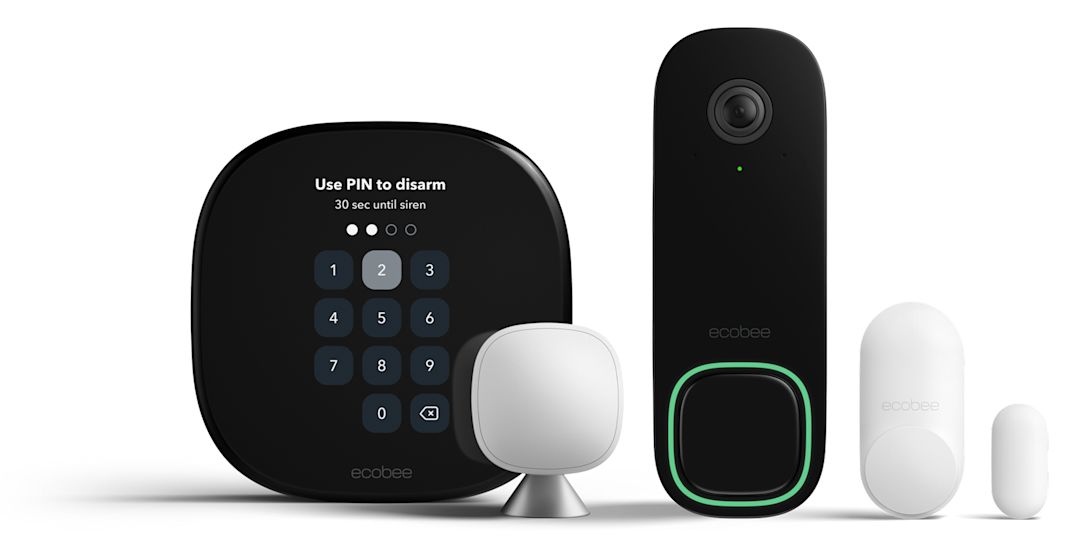 An ecobee thermostat displaying a keypad on its screen, a doorbell camera and a door and window sensor all lined up beside each other.