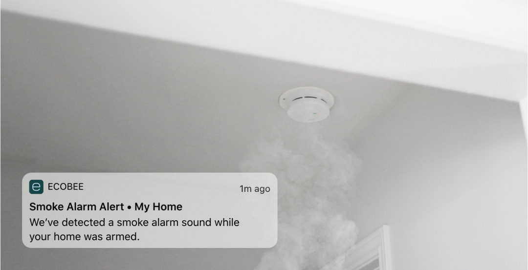 Smoke around a smoke detector, the ecobee app alerts the user of smoke