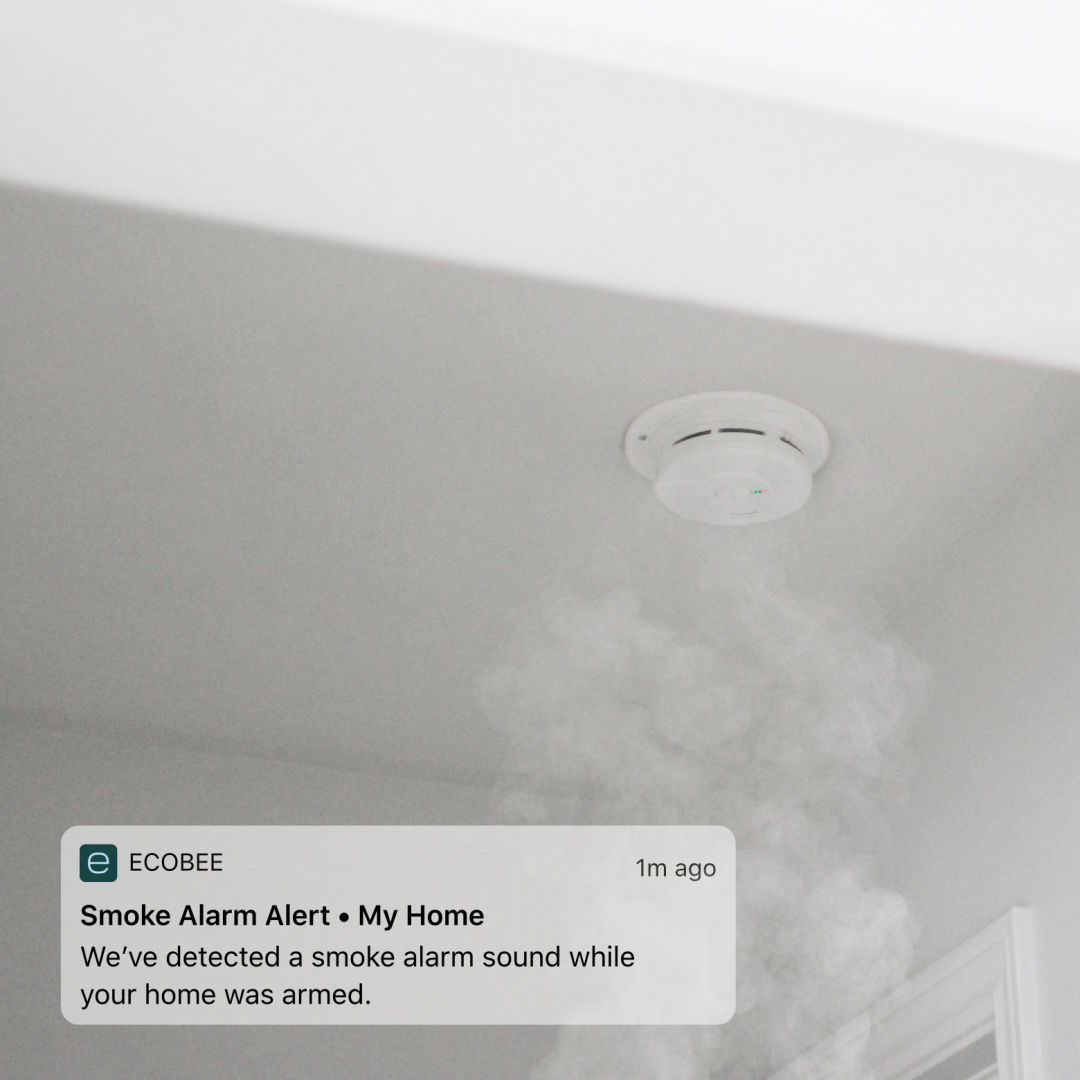 Smoke around a smoke detector with a notification from the ecobee app that says "Smoke Alarm Alert - My Home"