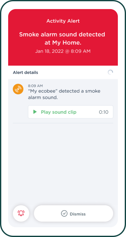 ecobee app screen showing an activity alert for a smoke alarm sound detected.