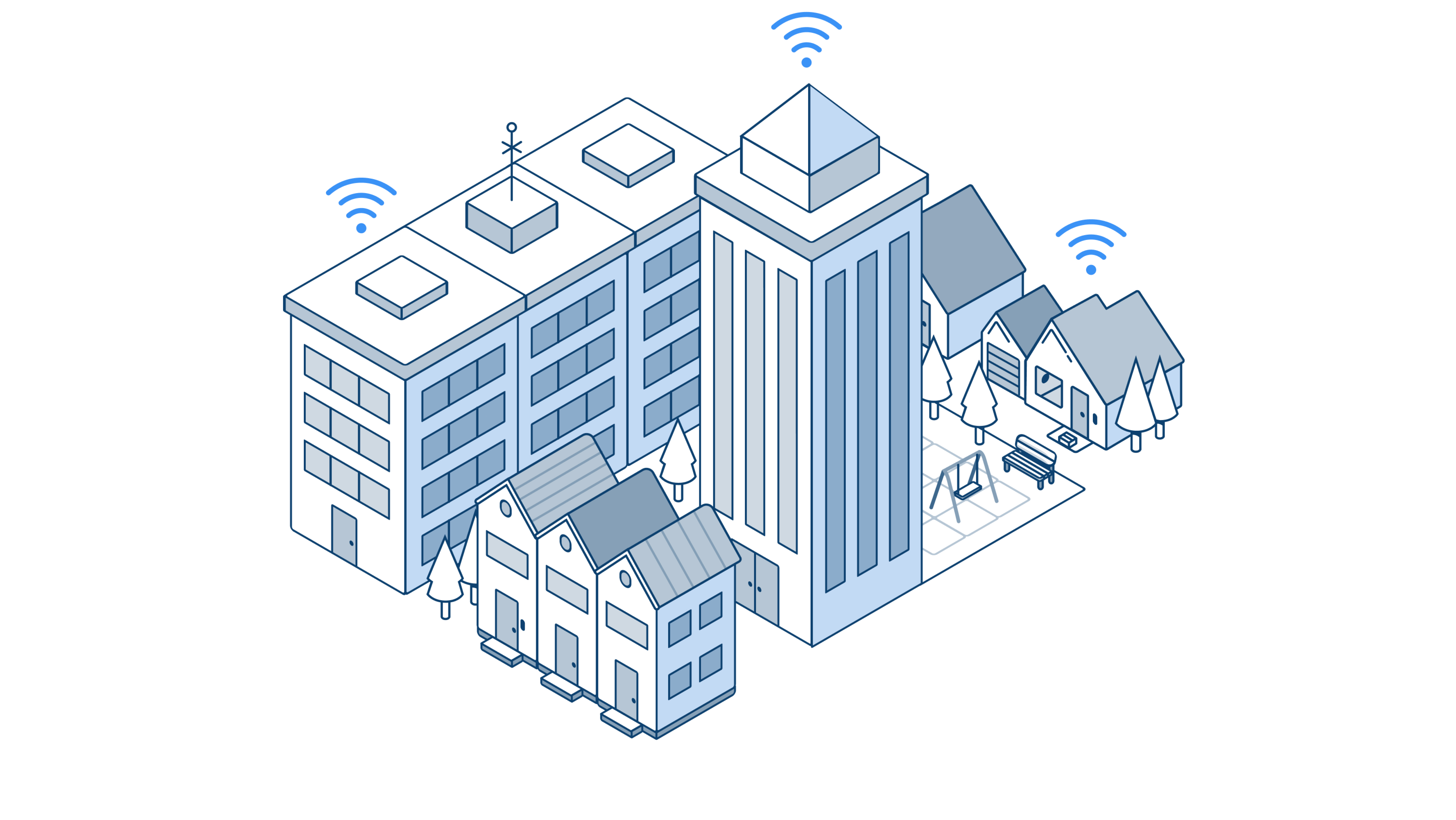 illustration of various buildings connected to wifi