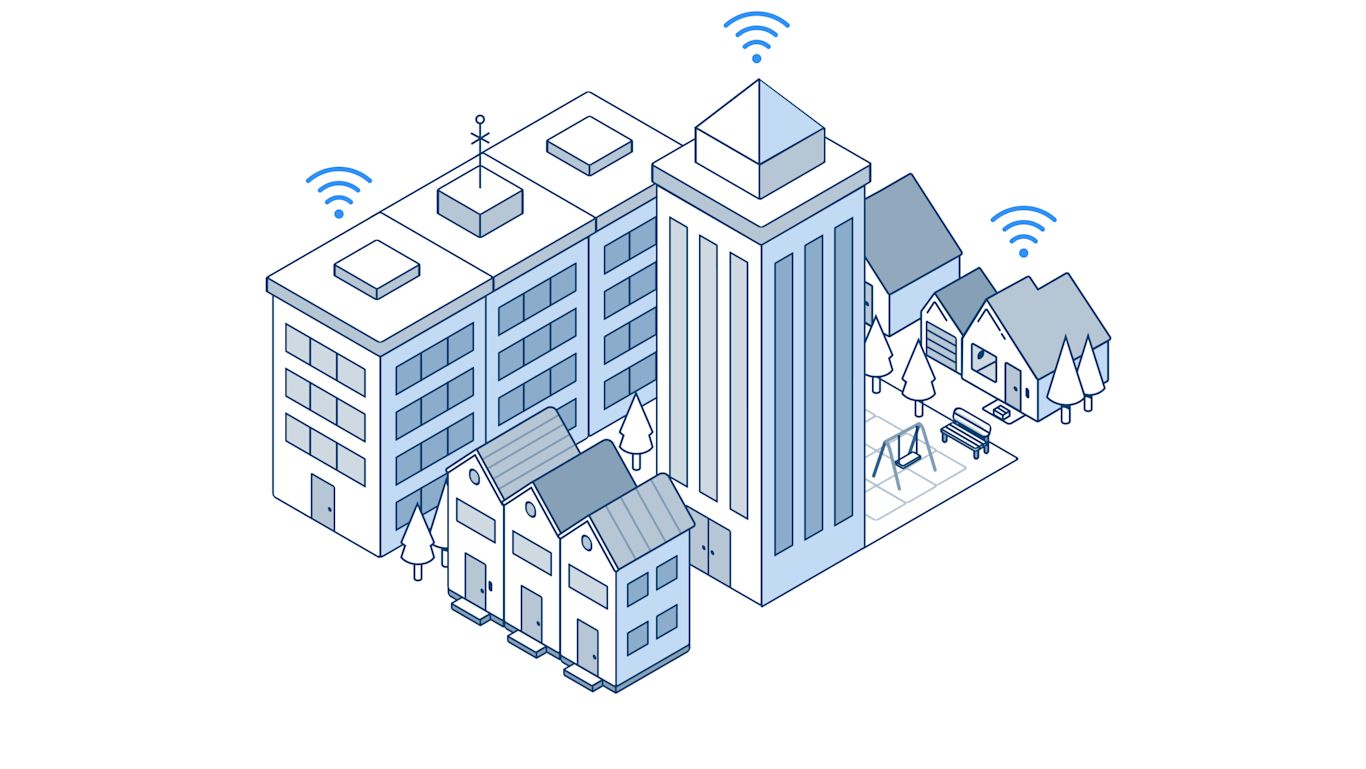 illustration of various buildings connected to wifi