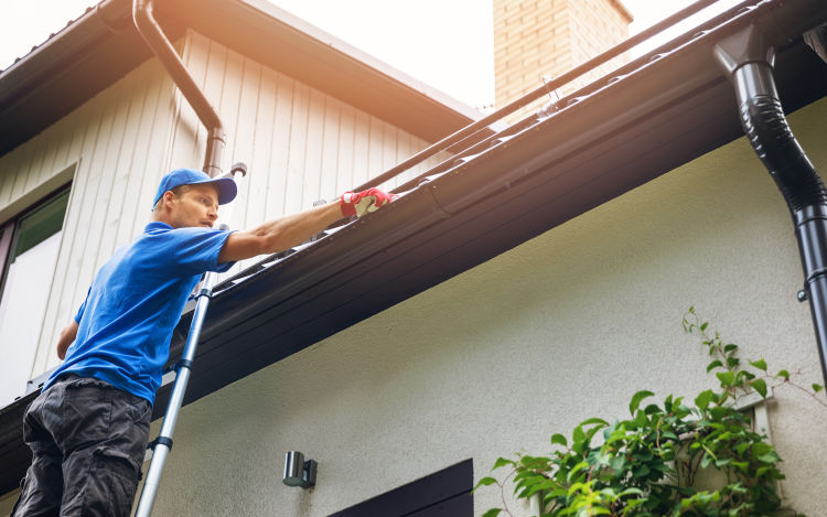 A man on a ladder cleans out the gutters of a house.