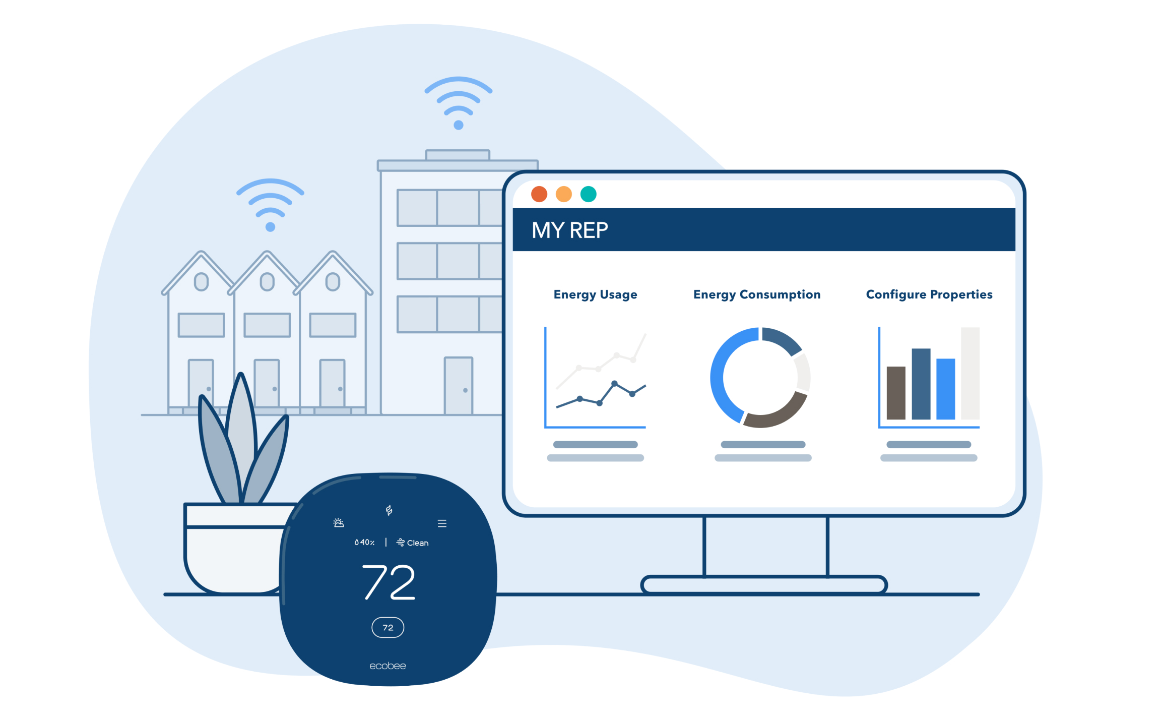 illustration of a computer screen and ecobee thermostat