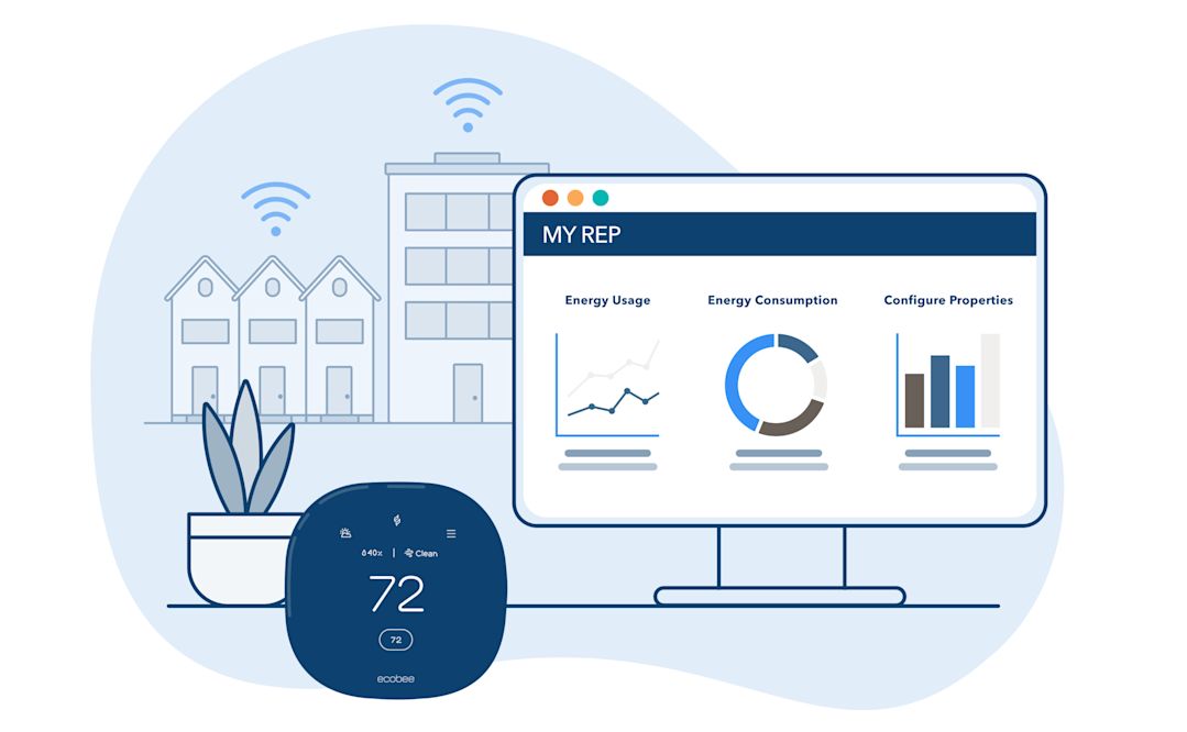 illustration of a computer screen and ecobee thermostat