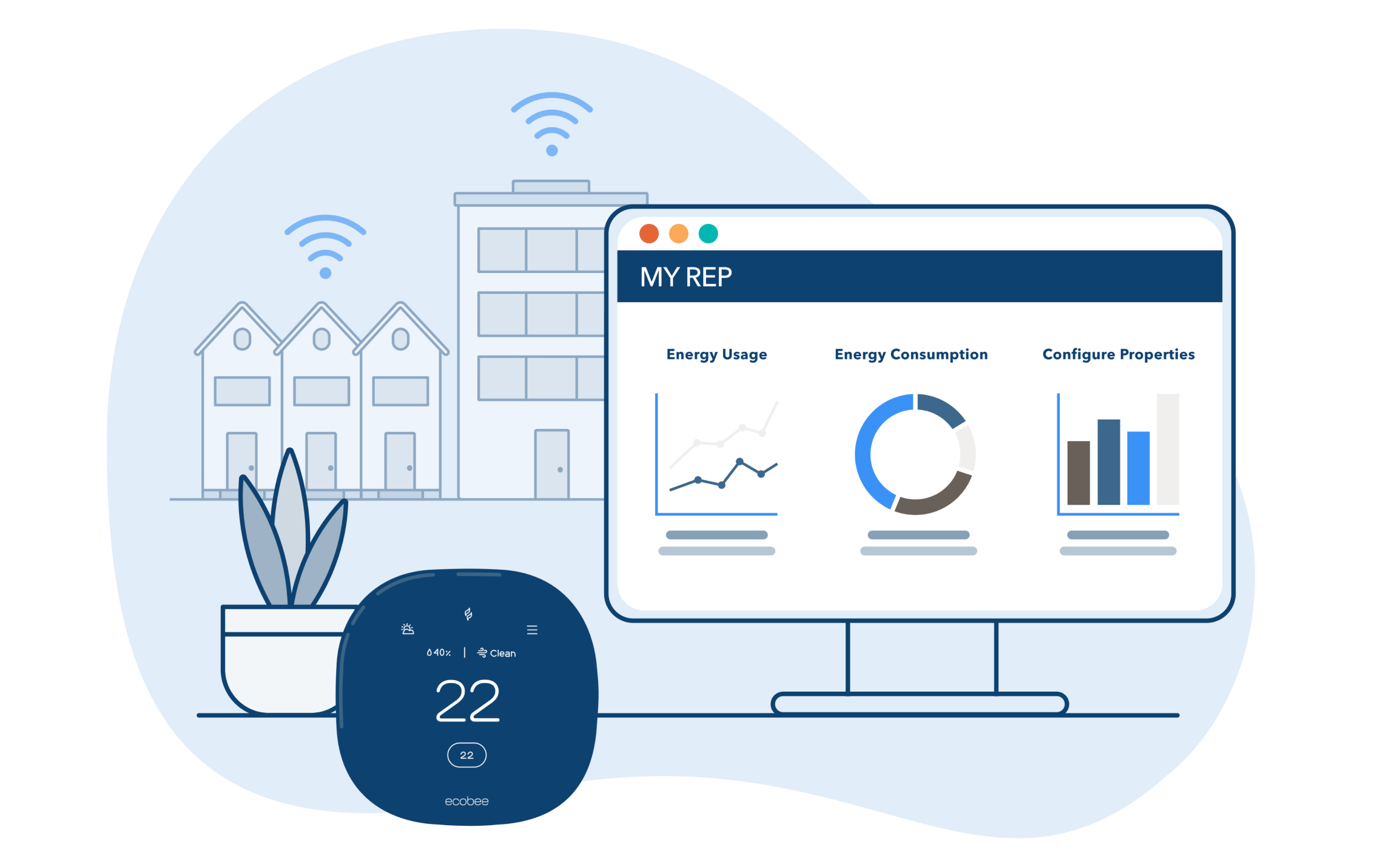 illustration of a computer screen and ecobee thermostat