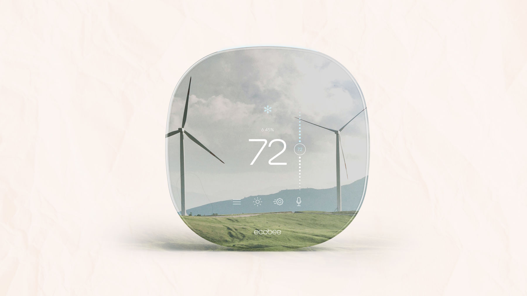 Windmills in open green field inset over ecobee SmartThermostat with voice control
