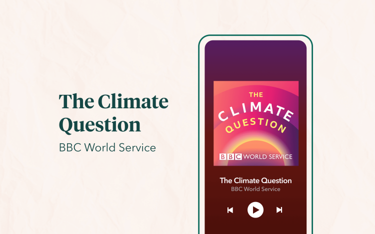 Banner image featuring a smartphone showing The Climate Question podcast playing.