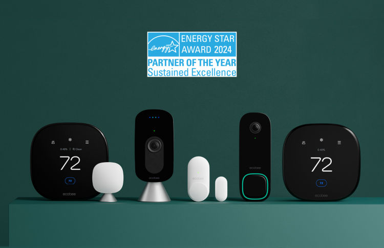 ecobee products lined up against green background, with ENERGY STAR Partner of the Year Award 2024 badge in the center.