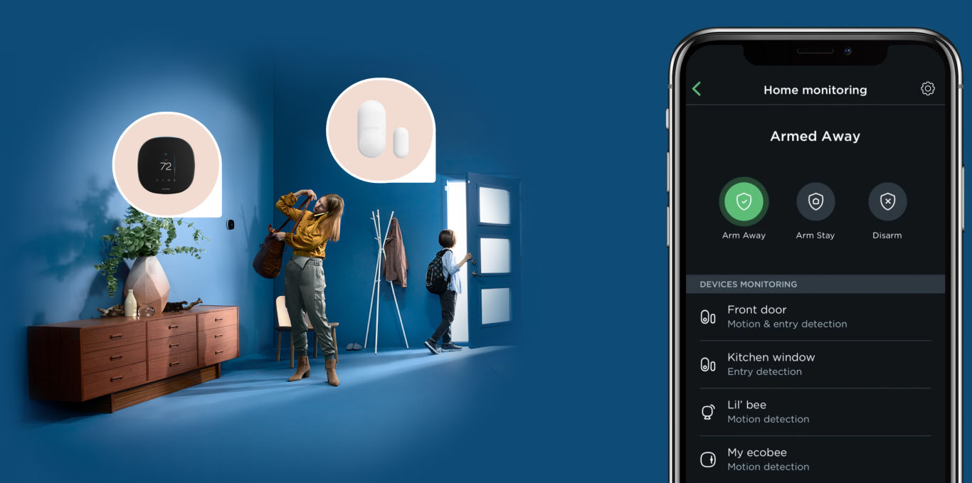 A woman and child leave a house; ecobee thermostat and sensors are on the walls and doors. A phone screen shows the ecobee app as "Armed Away"