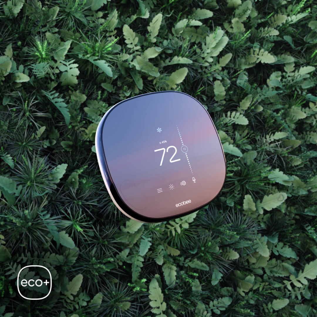 SmartThermostat with voice control laying on lush, verdant backdrop symbolizing ecobee's commitment to sustainable living through technology. 