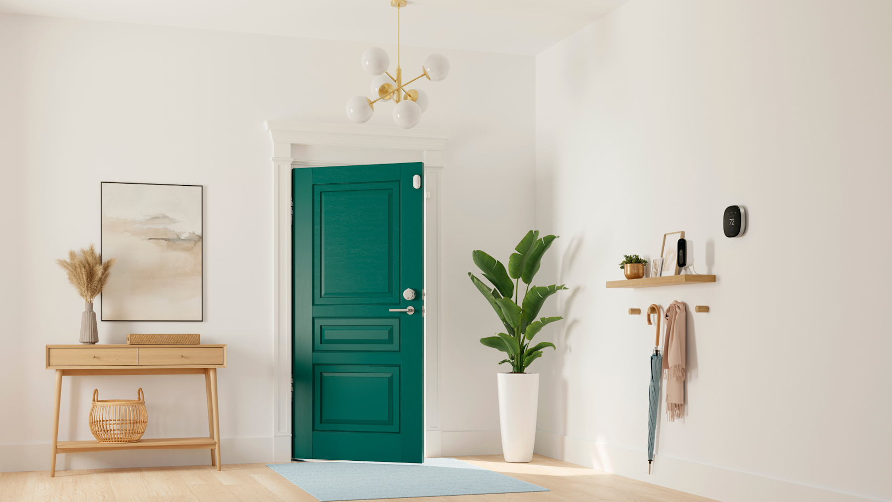 interior of home with green front door, modern decor, with ecobee's Smart Thermostat Premium, SmartSensors and SmartCamera visible