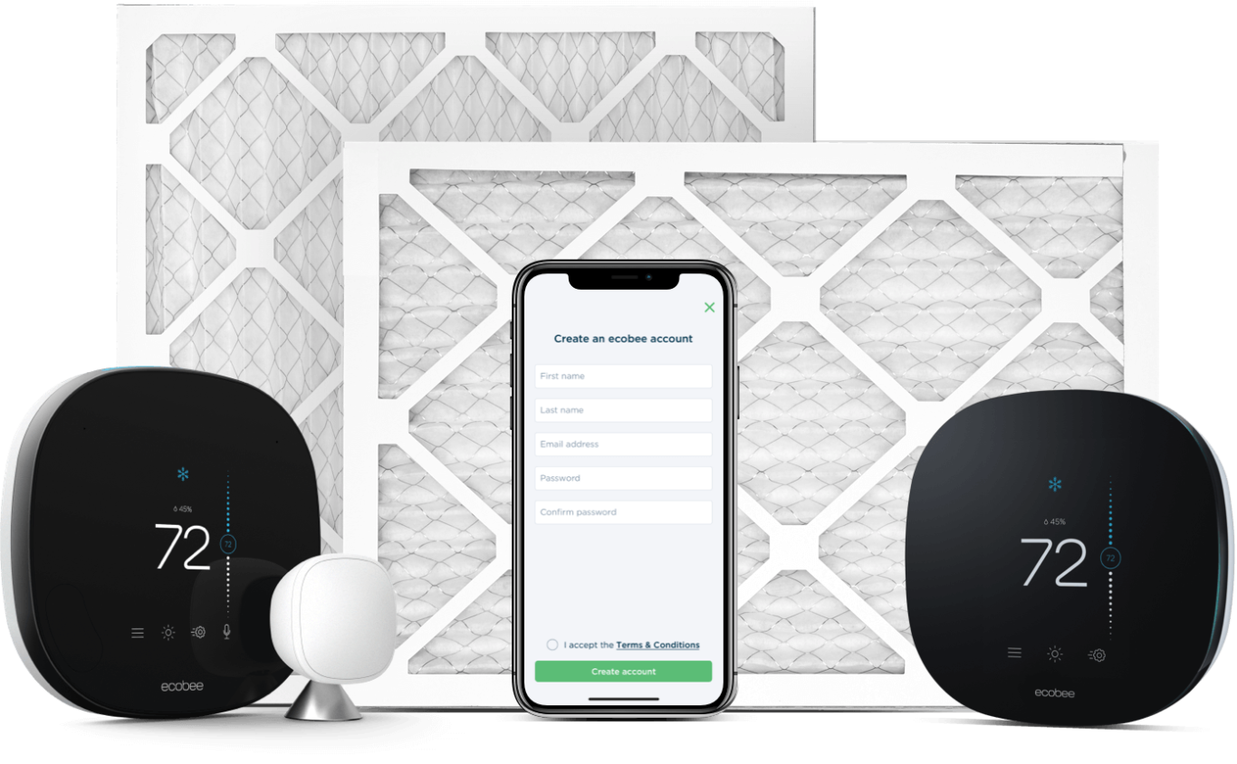 Air filters sit behind the ecobee SmartThermostat with voice control, a smart phone, and the ecobee3 lite thermostat.
