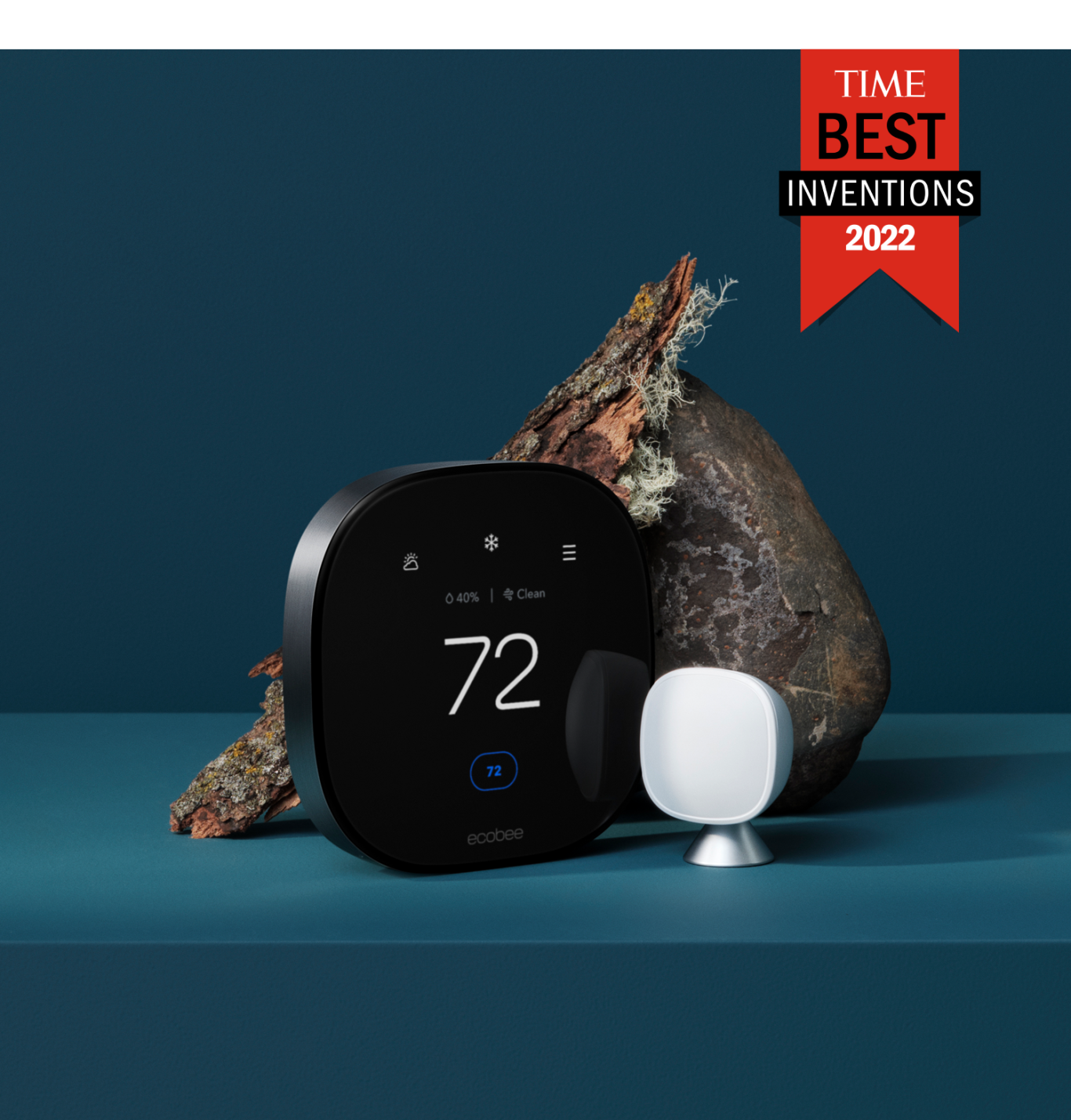 ecobee smart thermostat premium and smartsensor on blue background