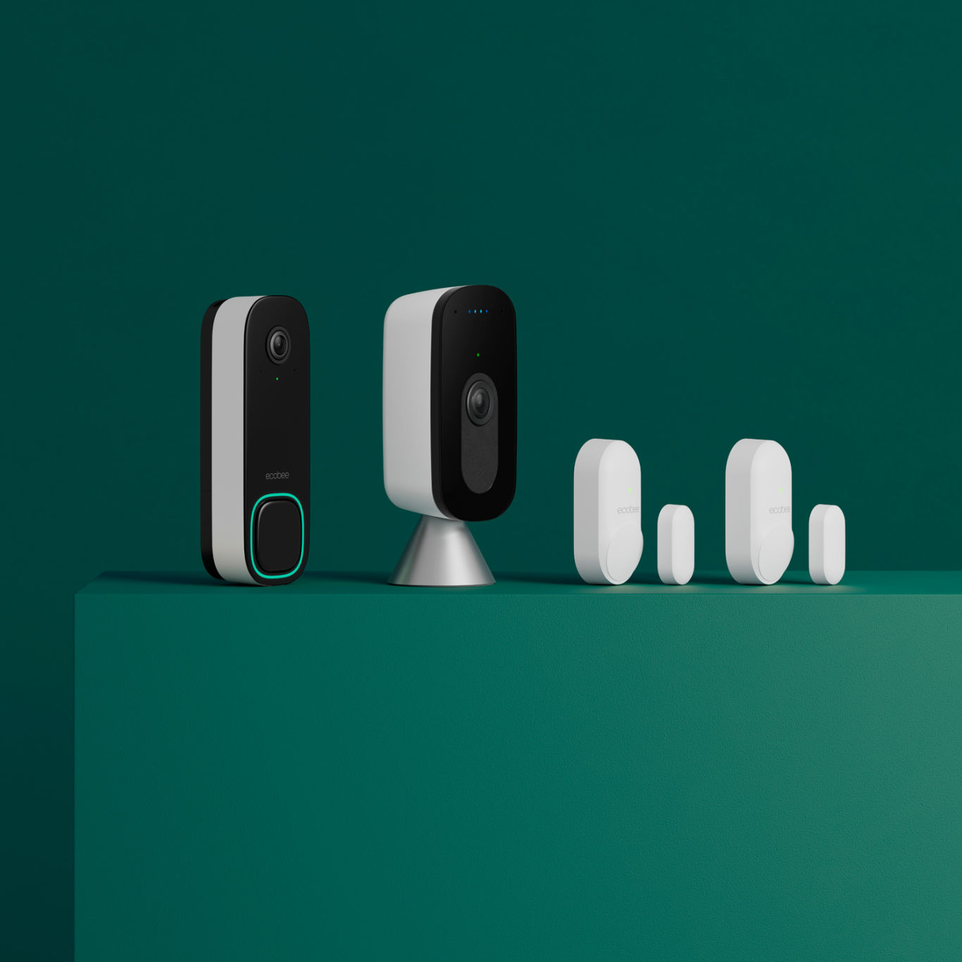 ecobee Smart Doorbell Camera, Smart Camera, and SmartSensors for doors & windows on green background