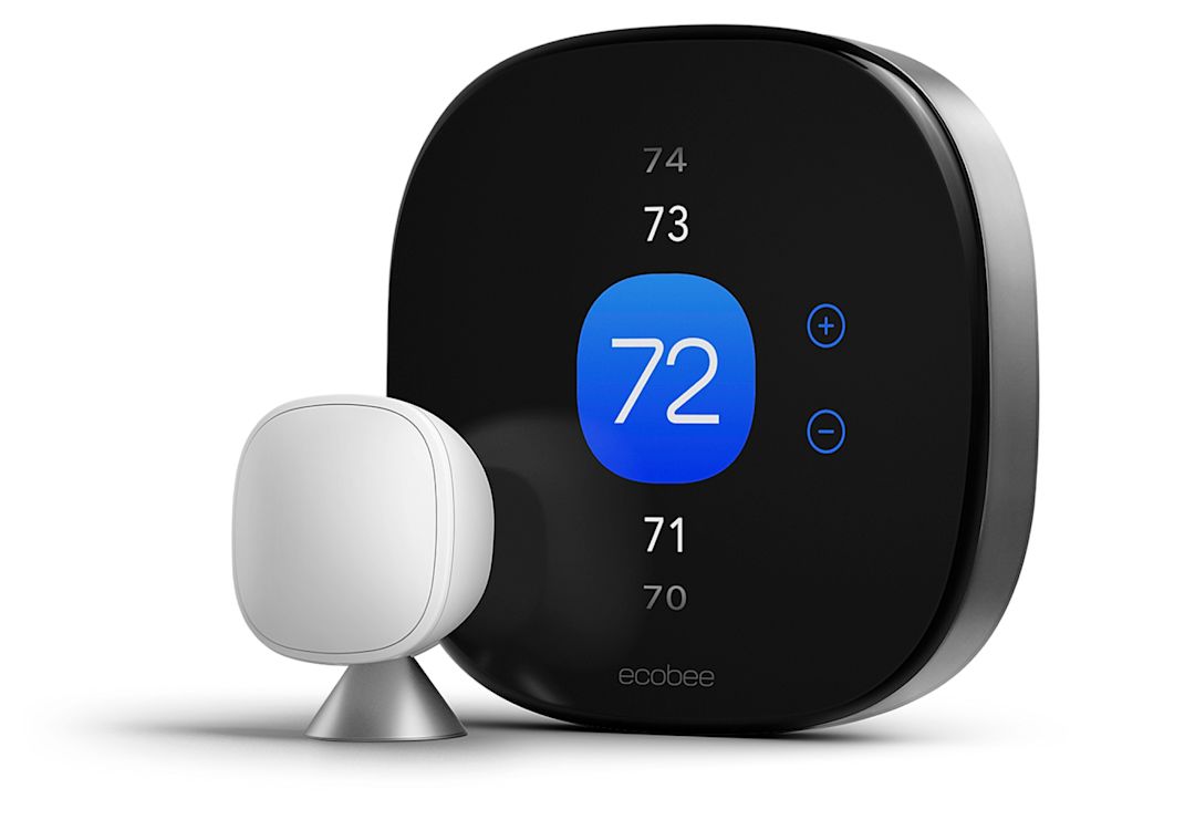ecobee thermostat displaying the temperature and set to cooling mode alongside a remote temperature sensor.