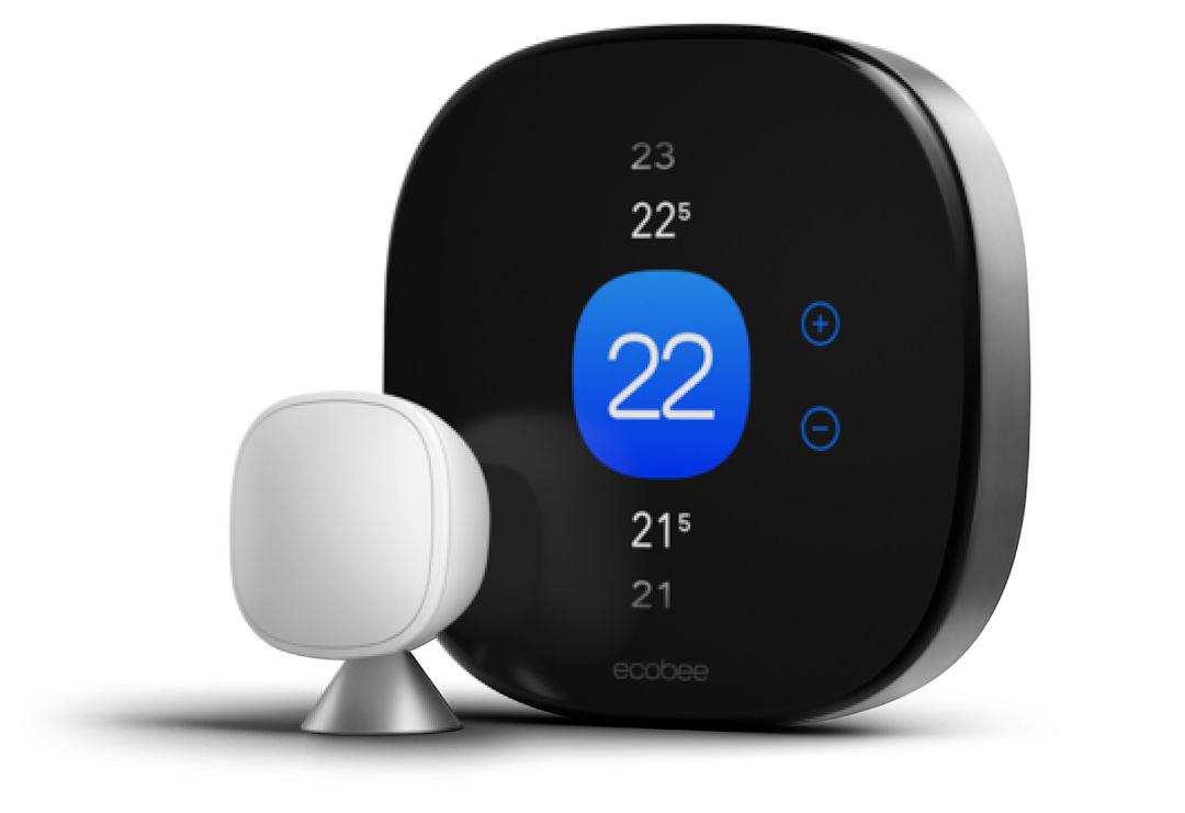 ecobee thermostat displaying the temperature and set to cooling mode alongside a remote temperature sensor.
